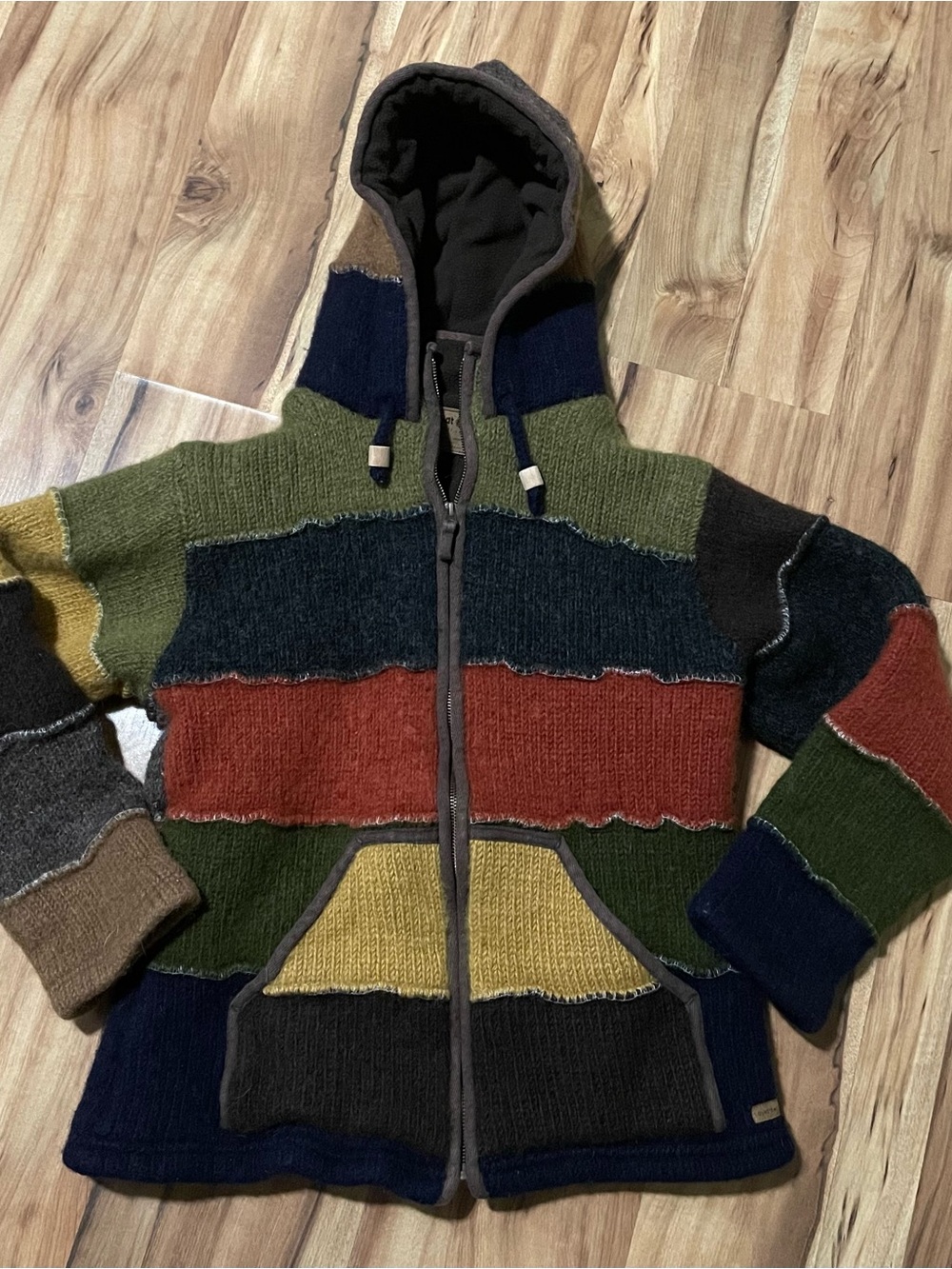 Laundromat Heavy Boho Patchwork Knit Wool Winter Coat Parka M